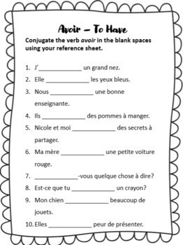 Worksheet Verbs Avoir Tre Au Pr Sent By Madame W S French Resources