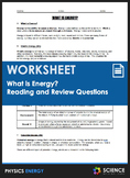 Worksheet - What is Energy, Kinetic Energy, Potential Ener