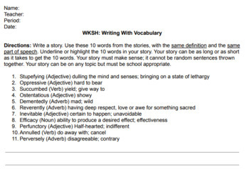 Preview of Worksheet: Writing With Vocabulary