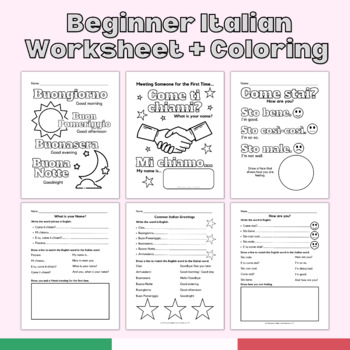 Preview of Beginner Italian Worksheet and Coloring Packet Bundle | Common Phrases/Greetings