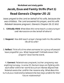 Preview of Worksheet and Study Guide (Genesis Chapter 25:21) Jacob and Family Strife Part 1