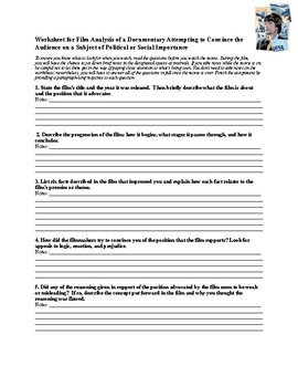 Preview of Worksheet for Documentary Film Analysis