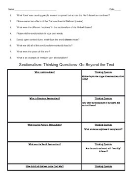 Preview of Worksheet for Sectionalism in the United States