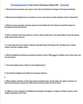 Worksheet for The Enlightenment Crash Course European History #18
