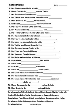 Worksheet For A Family Quiz With Questions And Answer Key In German