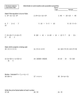 Preview of Worksheet on Commutative and Associative Property