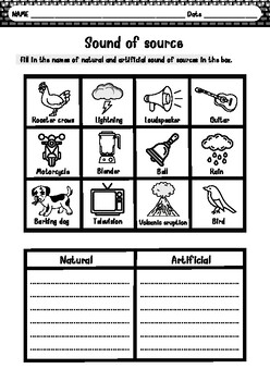 Preview of Sound sources worsheet for Elementary school child