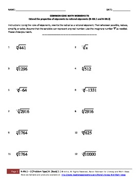 Worksheets for Common Core Math N-RN.1 and N-RN.2 Rational Exponents
