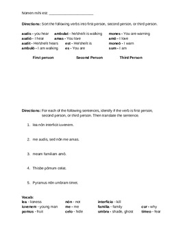 Preview of Worksheets for Singular Present Tense Verbs in Latin