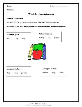 Worksheets on Antonyms by The Learning Shop Resources | TpT