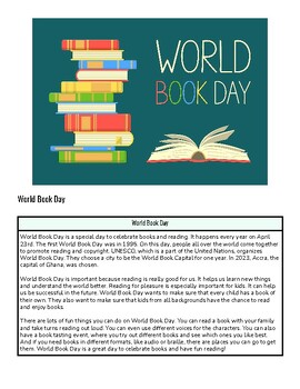 Preview of World Book Day Reading Comprehension Passage & Questions