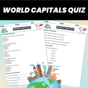 Preview of World Capitals Quiz | World Geography Assessment and Test | Geography Quiz