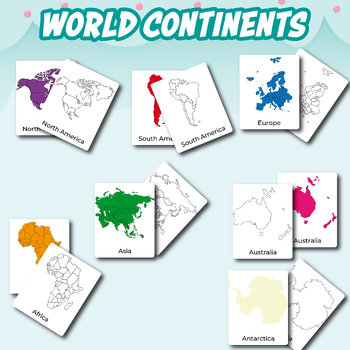 Preview of World Continents Montessori Flashcards. World Map FlashCards Nomenclature Cards.