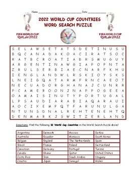 Preview of World Cup Countries Printable Word Search Puzzle 2022