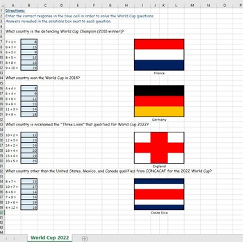 Preview of World Cup Soccer 2022 Math Fact Reveal (Addition)