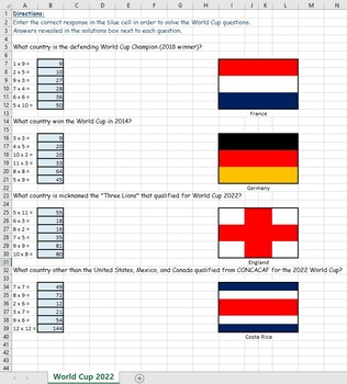Preview of World Cup Soccer 2022 Math Fact Reveal (Multiplication)