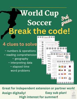Preview of World Cup Soccer Break the Code reading, geography, and math - DIGITAL  or PRINT