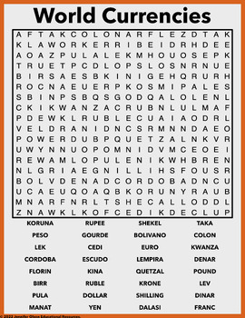 World Currencies Word Search by Jennifer Olson Educational Resources