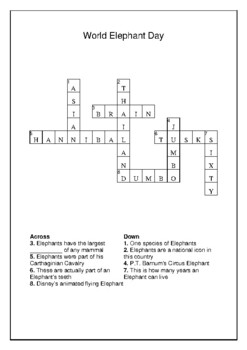 World Elephant Day August 12th Crossword Puzzle Word Search Bell Ringer