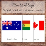 World Flags 3-Part Card Bundle, Montessori Nomenclature Cards