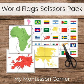 World Flags Scissors Strips and Continent Puzzles - Montessori Fine Motor