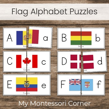 Preview of World Flags Uppercase Lowercase Alphabet Matching Puzzles, Montessori Geography