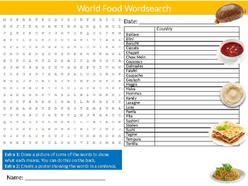 World Food Wordsearch Puzzle Sheet Starter Activity Keywords Countries