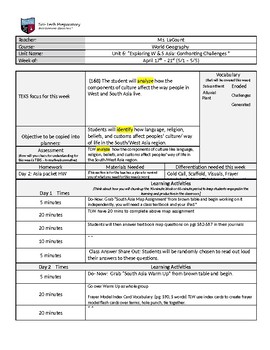 Preview of World Geography: Exploring W & S Asia: Confronting Challenges Lesson Plans I.B.