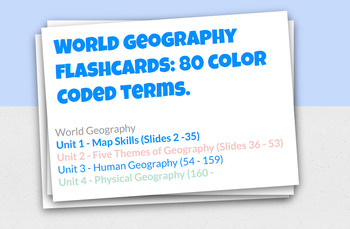 Preview of World Geography Flashcards: Vocabulary Terms for all units.