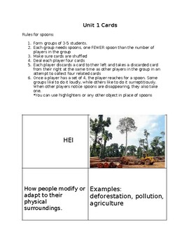 Preview of World Geography Unit 1 vocabulary card sort/spoons game