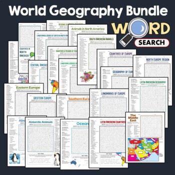 Preview of World Geography Word Search Puzzle Continents, Region, Map Activity Worksheets