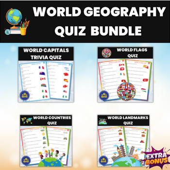 Preview of World Geography and History Quiz Worksheets Bundle | Flags Countries Capitals