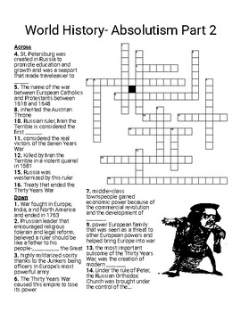 World History Absolutism Part 2 CROSSWORD by Paul Beavers TPT