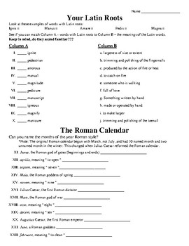 Preview of Ancient Rome Latin Root Words Worksheet Grammar Latin Roots Worksheet