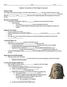 Preview of World History: Chapter 12 Section 2 Mongol Conquests Fill-in-the-blank notes