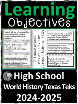 Preview of World History High School Texas TEKS Learning Objectives Cards | Color & B&W