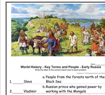 Preview of World History - Key Terms and People - (10) Early Russia worksheet