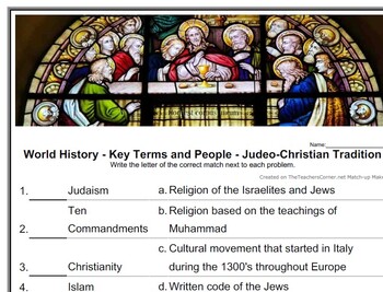 Preview of World History - Key Terms and People - (2) Judeo-Christian Tradition worksheet