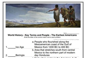 Preview of World History - Key Terms and People - (20) The Earliest Americans   worksheet