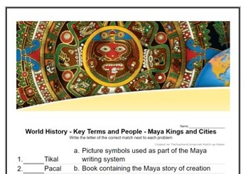 Preview of World History - Key Terms and People - (22) Maya Kings and Cities worksheet