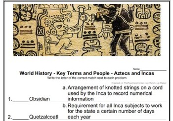 Preview of World History - Key Terms and People - (23) Aztec and Inca Empires worksheet