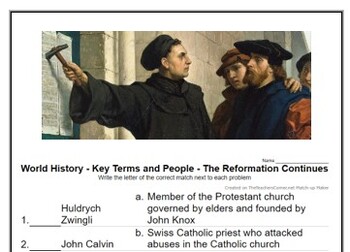 Preview of World History - Key Terms and People - (26) The Reformation Continues worksheet
