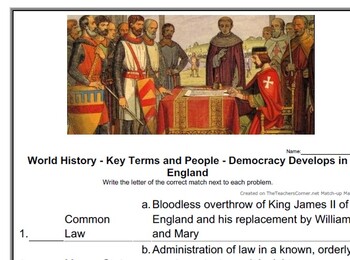 Preview of World History - Key Terms and People - (3) Democracy in England worksheet