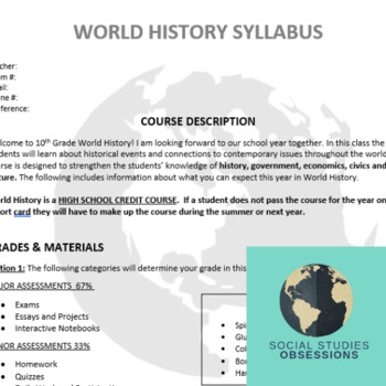 Preview of World History Syllabus Middle and High School Template
