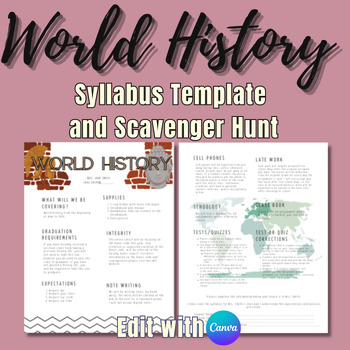 Preview of World History Syllabus Template and Scavenger Hunt | Edit on Canva