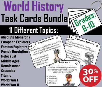 Preview of World History Task Cards Bundle: Middle Ages, Crusades, WWI-II, etc.