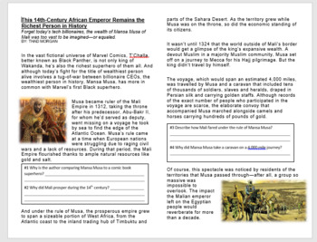Preview of World History- Unit 3- Africa: Mansa Musa Reading w/embedded Questions