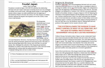 Preview of World History -Unit 4- Japanese Feudalism Reading w/embedded questions