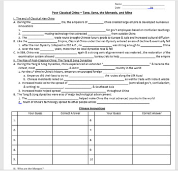 Preview of World History-Unit 4- Post Classical China Guided Notes and Zheng He Reading