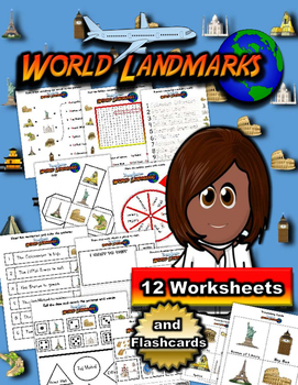 Preview of World Landmarks Activity Pack / Worksheet Set + flashcards